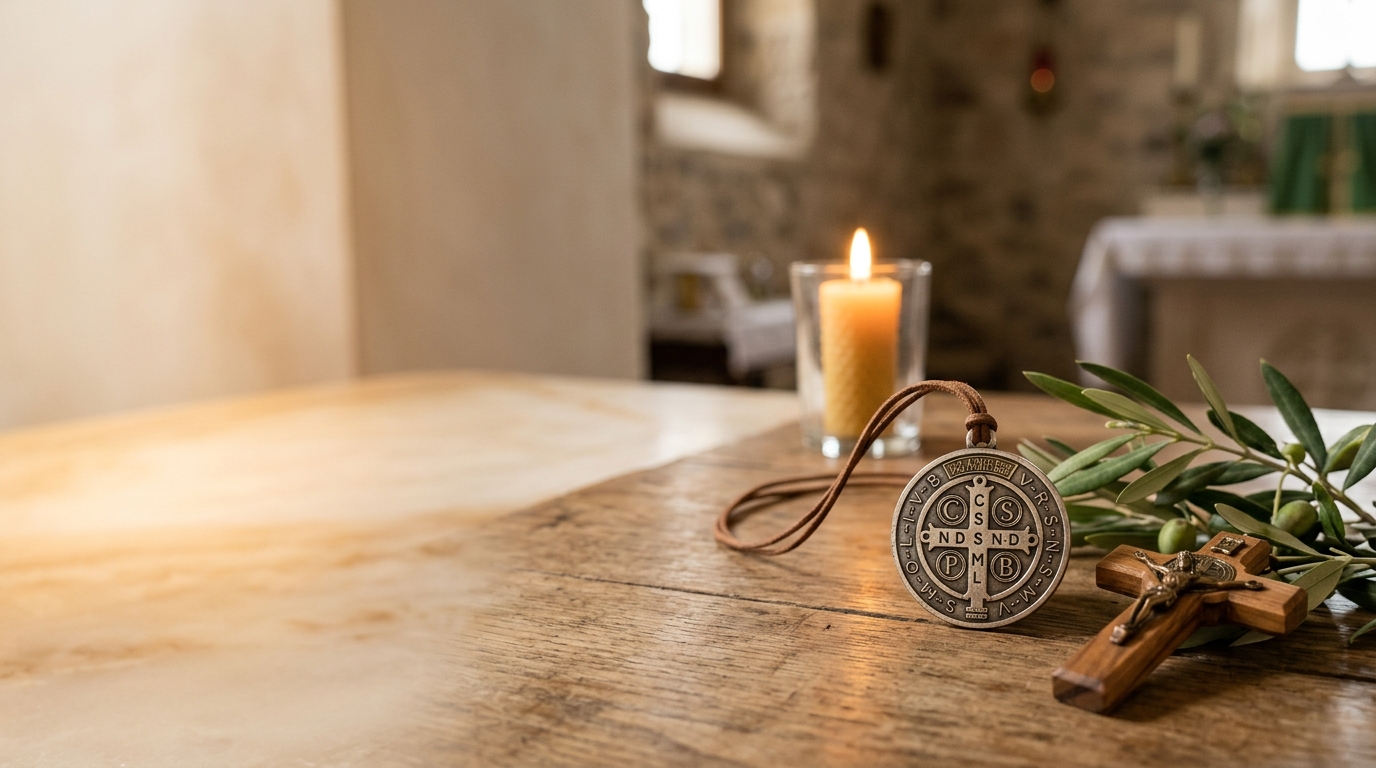 Medalla de San Benito, crucifijo de madera de olivo y vela de devoción